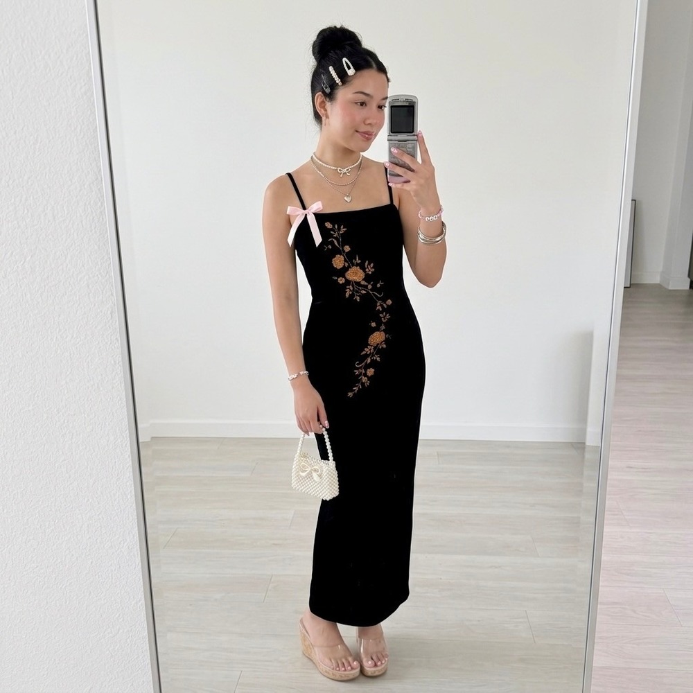VTG 90s Goth Arianna by Rachel Kaye Maxi Dress S Black Velvet Floral Embroidered